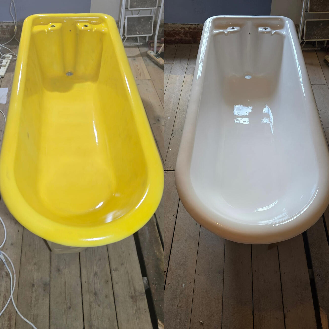 BEFORE AND AFTER PHOTOS OF A CAST IRON ROLL TOP BATH RE-ENAMELLED IN Oxford