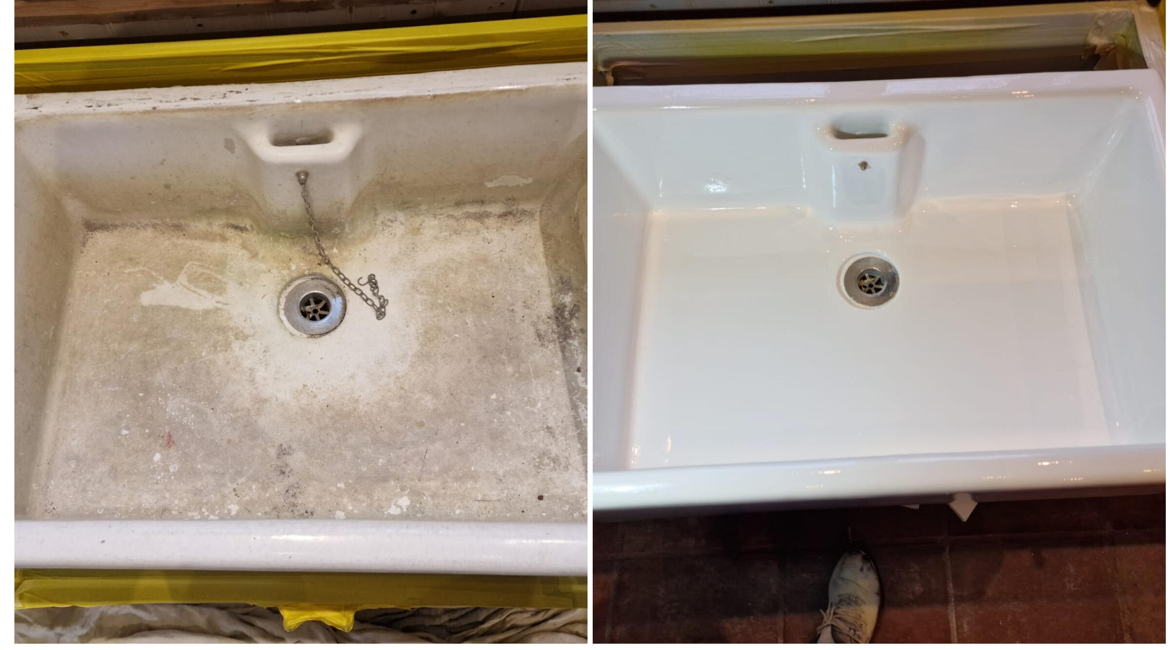 BELFAST KITCHEN SINK RESTORED IN Reading - Berkshire BEFORE AND AFTER PHOTOS OF A KITCHEN CERAMIC BELFAST SINK, WAS DAMAGED AND FULL OF CHIPS, FULLY RESORED TO A LIKE NEW FINISH IN Oxford