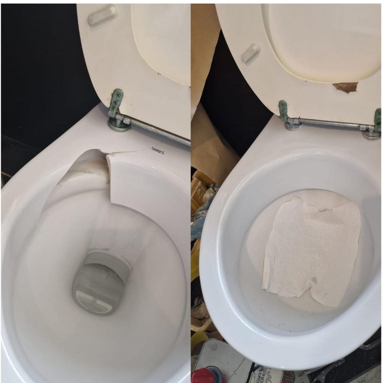 before and after pictures of a ceramic toilet crack repair in Oxford