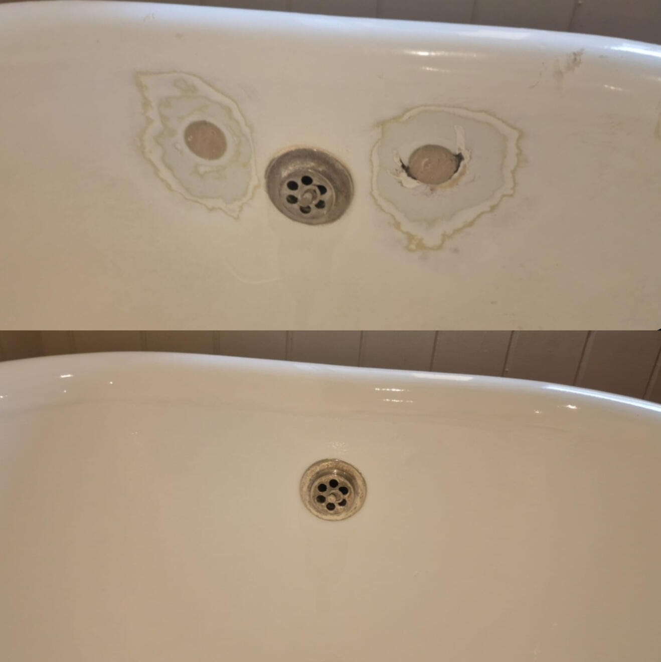 BEFORE AND AFTER PICTURES OF A CAST IRON BATH TAP HOLES FILLED AND REPAIRED Before and after cast iron bath tap holes filled and repaired in Oxford