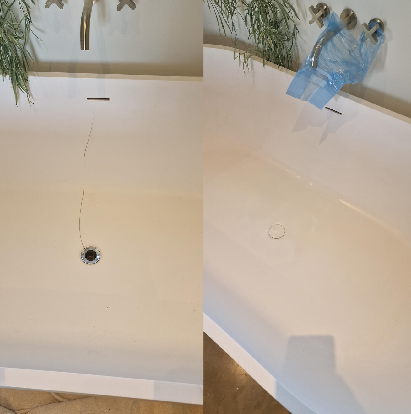 before and after pictures of a stone resin acrylic bath crack repair Reinforced stone resin bath crack repair in Oxford