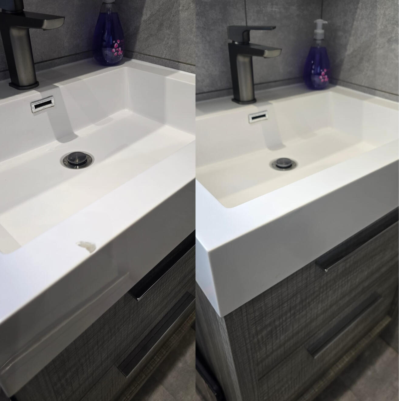BEFORE AND AFTER PICTURES OF A COMPOSITE BATHROOM BASIN CHIP REPAIR Before and after composite bathroom basin chip repair in a Oxford Airbnb property