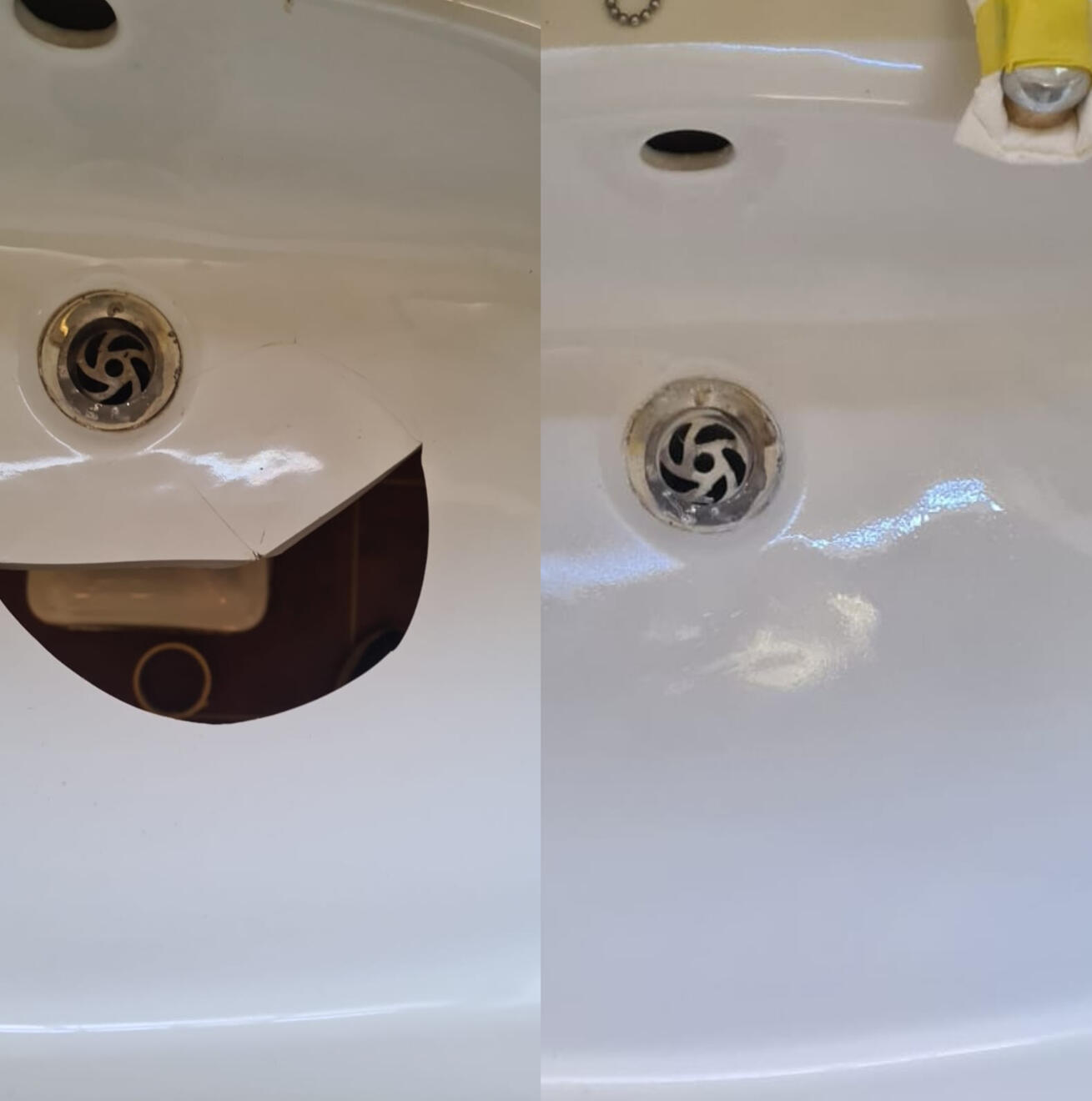Before and after ceramic sink crack repair in Oxford