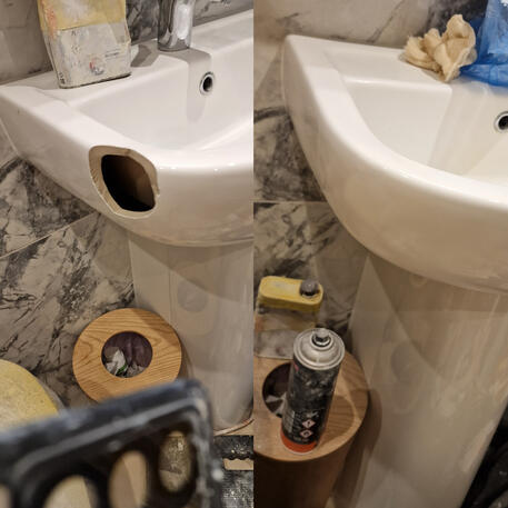 Large hole in ceramic sink repaired and re-enamelled in oxford