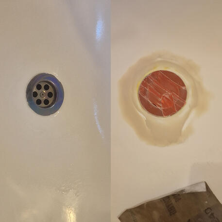 Rusty plug hole in cast iron bath repaired and re-enamelled in oxford
